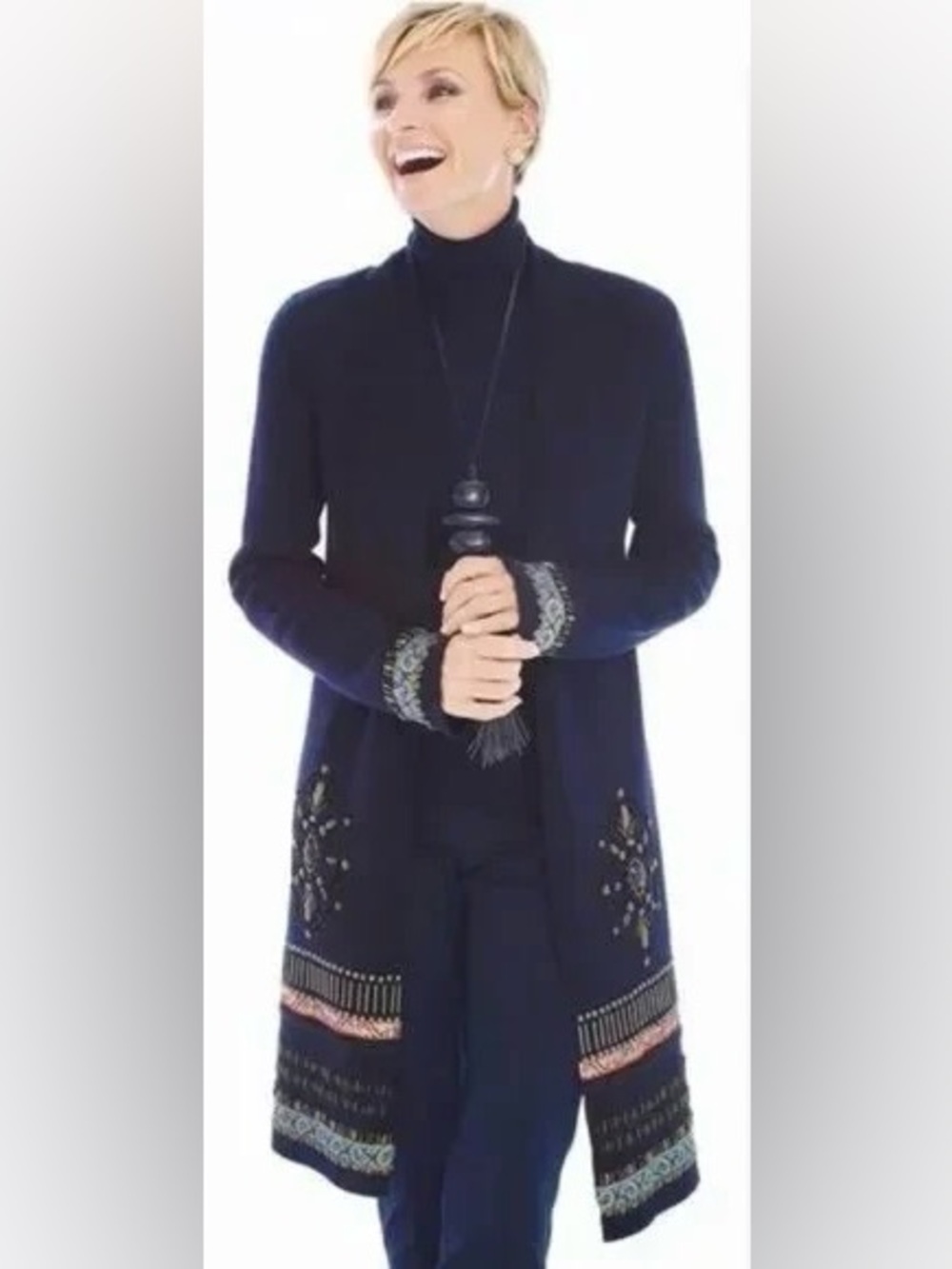 Chicos Elektra Embellished Open Front Long Sleeve Knee Length Cardigan